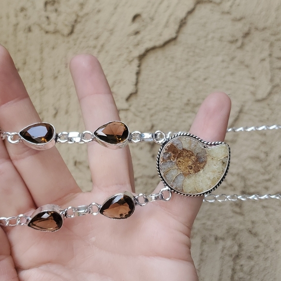 New Ammonite Fossil and Smoky Topaz 925 Silver Necklace. - Picture 9 of 16